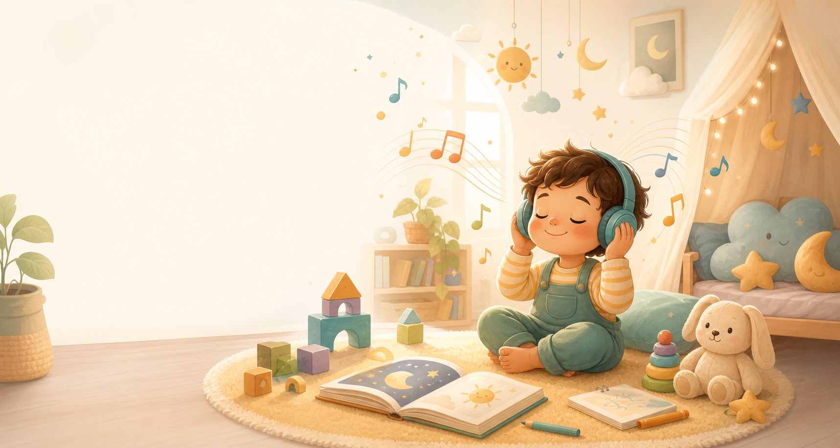 Ilustração de uma criança ouvindo música em um quarto acolhedor com livros, blocos e notas musicais.